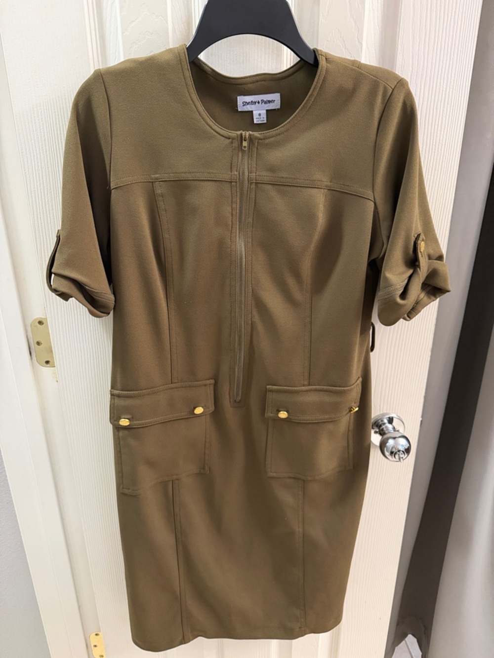 Shelby & Palmer Olive Green Zip-Front Utility Midi Dress